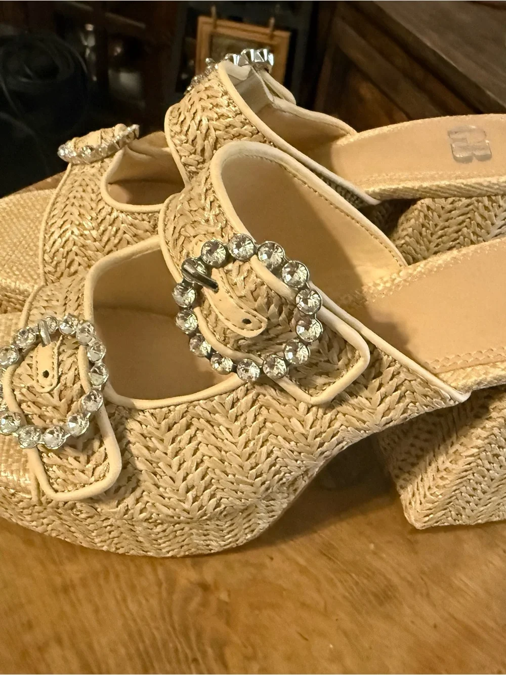 Gianni Bini Beige Raffia Platform Sandals with Crystal Buckles, Block Heel NWOT